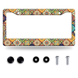 Mexican Tiles Print License Plate Frame Boho License Plate Frames Funny Auto Accessory Stainless Steel Colorful Mandala License Plate Decoration for Men Women 12.2 X 6.3 Inch