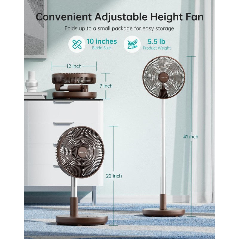 TriPole Foldable Standing Fan 12" Portable Rechargeable Battery Pedestal Fan
