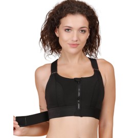 Bold Secret High Impact Sports Bra for Women, Zip Front Adjustable Wireless Push Up Support Workout Bra for Running Yoga, Black,X - Large