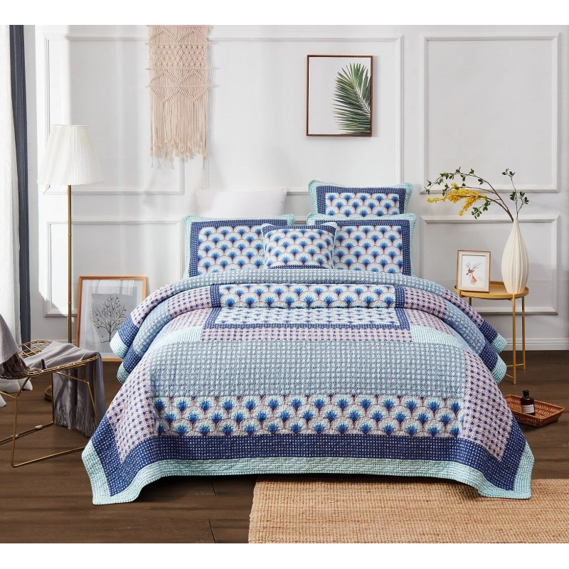 DaDa Bedding Mediterranean Fans Nautical Minty Blue Patchwork Bedspread Set