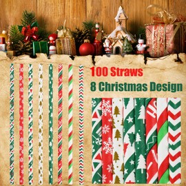ALINK 100 Christmas Paper Straws, 8 Styles Red Green White Gold Biodegradable Party Drinking Straws with Stripe, Wave, Christmas Tree Snowflake Design Decorations Supplies