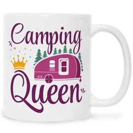 Bedruckte Tasse mit Spruch - Camping Queen - Geschenke für Camperinnen zum Urlaub - für Camper Frauen zum Geburtstag Valentinstag Weihnachten - Geschenkidee für Sie - Farbe: Weiß