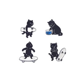 ARFUKA Pack of 4 Brooch Cat Brooch Pins for Clothes Bags Jackets Birthday Christmas Gifts for Men and Women Black, Metal