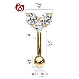 Forbidden Body Jewelry 16g 8mm Curved Barbell for Daith, Eyebrow, Rook & Belly Button with CZ Heart Top, Gold Tone