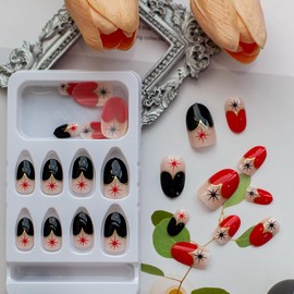 Short Oval Fake Nails Valentines Day Press on Nails Artificial False Nails with Black Red Gold French Tips Hearts Pearls Designs Stick on Nails Acrylic Nails for Women and Girls 24 Pcs Manicure