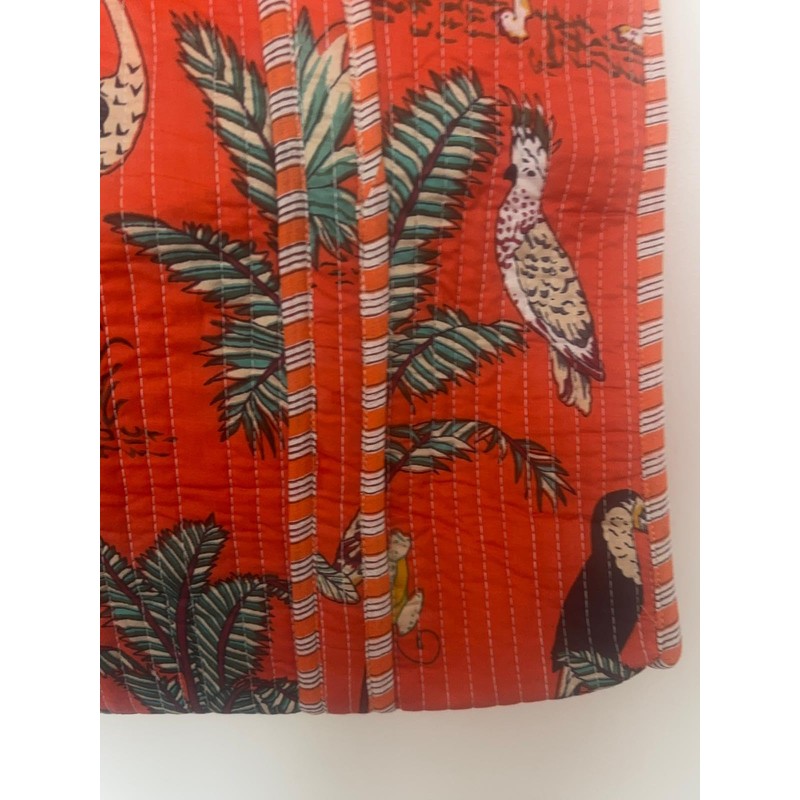 Quilted Cotton Tote Bag, Orange Tropical Safari Print, Striped Handles