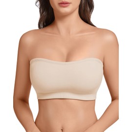 LEYSHE Strapless Bra for Women Bandeau Bra Seamless Wireless Padded Tube Top Non-Slip Bandeau Top with Hook and Eye Closure Nude