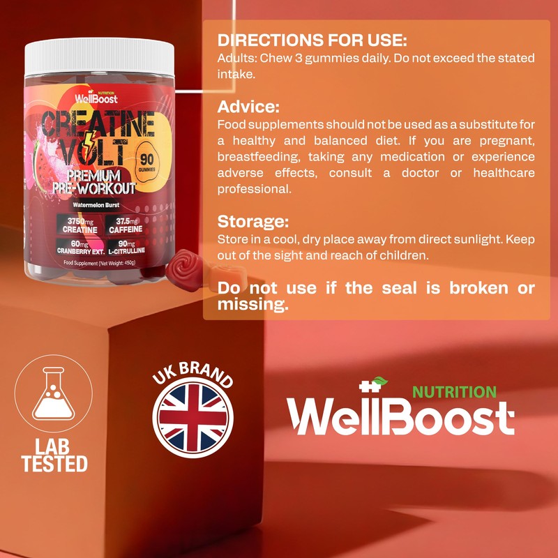 WellBoost Creatine Volt 90 Gummies – Creatine, Caffeine, L-Citrulline, Cranberry