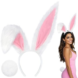 DysanVica Easter Bunny Costume Adult - Easter Bunny Ears Headband and Bunny Tail Easter Accessories Set for Women, Rabbit Ears Dress Up Party Supplies (White and Pink)