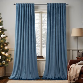 Stone Blue Velvet Curtains 102 Inch Long 2 Panels Soft Heavy Heat Blocking Noise Reducing Room Darkening Window Drape for Bedroom Living Room Dining Custom Made Length Mid Century Modern Vintage Decor