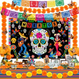 Day of The Dead Decorations - Dia De Los Muertos Ofrenda Set Include Mexican Sugar Skull Backdrop, Tablecloth, Marigold Flowers and Felt Papel Picado
