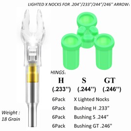 ACDSHOT 6 Pack X Lighted Nocks for Arrows with .204 .233 .244 .246 Inside Diameter with H, S, GT Bushings High Visibility Lighted Arrow Nocks