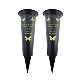 Memorial Grave Vases Ornaments Black Plastic Flower Holders - Butterfly Spike Grave Flower Vases with Funeral Verses for Your Loved Ones - Pack of 2 (Mum - Pack of 2)