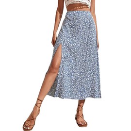 CHARTOU Falda larga de verano para mujer, cintura alta, estampado floral, abertura lateral, falda bohemia, Azul claro, L