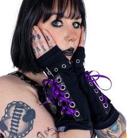 MIJOMA Poizen Industries 1 Pair of Arm Warmers Gothic Punk Navya Arm Warmers One Size Unisex, black-purple