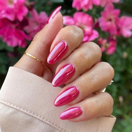 Qsnidy Chrome Press On Nails Almond, Glazed Hot Pink Round Glue on Nails Medium Press Ons, Acrylic Natural Fit Stick on Nails in 12 Sizes - 24Pcs Fake Nail Kit for Women Daily Party Wear