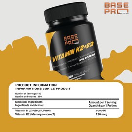 PRO Vitamin K2+D3-180 CAPSULES | Vitamin K2 120mcg per Serving | Vitamin D3 1000IU per Serving | Base Pro Nutrition | 180 Vegetarian Capsules | K2+D3 |