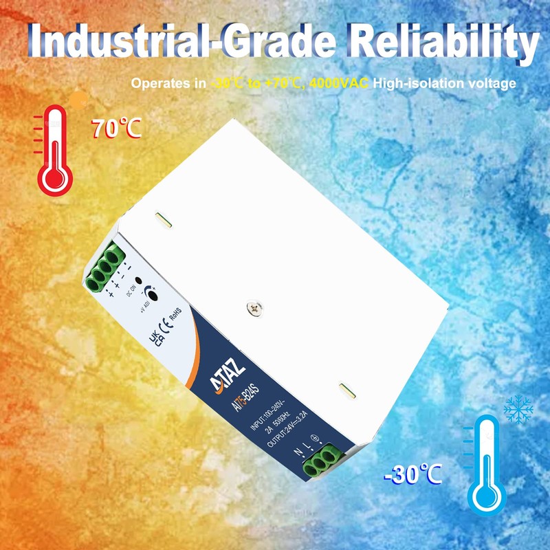 75W Din Rail Power Supply, 3.2A 24V Output, AC/DC Power