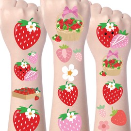 Wxiben Strawberry Party Temporary Tattoos - 200+ Cute Strawberry Tattoos Stickers Gift Berry Sweet Baby Shower Party Favors Supplies Decorations Kids Gifts Girls Boys Berry First Birthday Decor