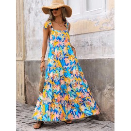 PRETTYGARDEN Summer Dresses for Women 2024 Sleeveless Spaghetti Strap Long Floral Maxi Dress Boho A Line Beach Sundresses(Multicolored Blue,Small)