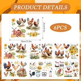 Shejdgart Chicken Rub on Transfers for Crafts - 6 Sheets Farm Rub on Transfer Stickers for Furniture Sunflower Rub on Transfers for Wood Glass Scrapbook DIY Home Decor 11.8x7.9 Inch