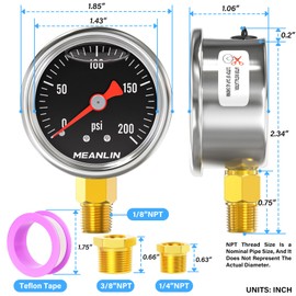 MEANLIN MEASURE 0~200Psi Stainless Steel 1/8" NPT 1.5" FACE DIAL, Glycerin Filled Pressure Gauge, Liquid Filled, Lower Mount(Black) with 1/8" x 1/4" NPT and 1/8" x 3/8" NPT Hex Bushing