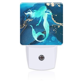 sndheke Watercolor Turquoise Mermaid Night Light for Kids,Navy Blue Golden Marble Night Light Plug in with Dusk to Dawn Sensor,0.5w Energy Saving Nightlight for Hallway Stairway Kitchen Bedroom