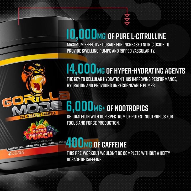 Gorilla Mode Pre-Workout - Massive Pumps, Laser Focus, Energy &
