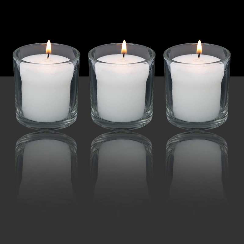 White Votive Candles in Clear Glass Jar 24 Hour Long