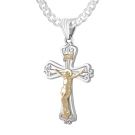 US Jewels Men's 925 Sterling Silver & 14k Gold 35mm Crucifix Cross 2.3mm Curb Chain Necklace, 20in