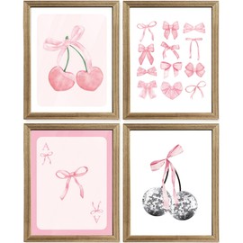 InspiredHues Framed Set of 4 Pink Bows Canvas Wall Art Cherry Heart Poker Wood Frame Girly Preppy Prints Decor for Girls Bedroom Dorm (Framed, 12 * 16, Bows)