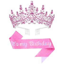 Papoopy Birthday Tiara and Crown with Sash, Birthday Tiara for Women Birthday Party (Pink)