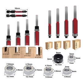 CSOOM Pack of 10 Flush Cutters with 2 Impact Magnetic Bits, 6 Bearings, 2 Wrenches, 8 mm Shank Flush Cutter Set, Carbide Cutters, Tools for Woodworking