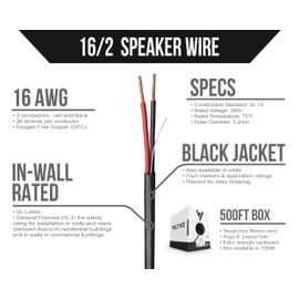 Voltive 16/2 Speaker Wire, in Wall CL3, 500ft, Black - 16AWG, 2 Conductors, Stranded Oxygen-Free Copper, UL Listed - V-1202-1