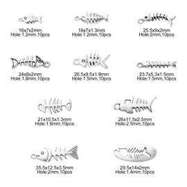 Ornazy 100pcs 10 Styles Tibetan Fish Charms Bulk Antique Silver Fish Bone Charms Vintage Skeleton Charms for Jewelry Making Summer Ocean DIY