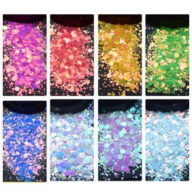 Mix Glitter, Foluvinzzis Crafts Sequins Chunky Glitter Powder for Snow Globe Tumblers, Resin, Epoxy, Slime, Holiday Decoration, Nail Arts, Printing, Face, Hair, Makeup (8bags)