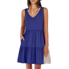 ANRABESS Womens Summer Casual Tank Dress Sleeveless V Neck T Shirt Sundress Flowy Tiered Swing Mini Beach Vacation Dresses Royal Blue Large