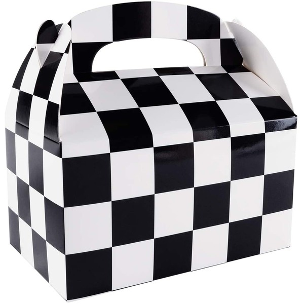 12 Pack Black and White Checker Racing Flag Pennant Treat Gift Paper Cardboard Boxes with Handles for Crafts Candy Goodie Bags, Picnic Snacks, Birthday Party Favors (6.25" x 3 1/2" x 3.25")