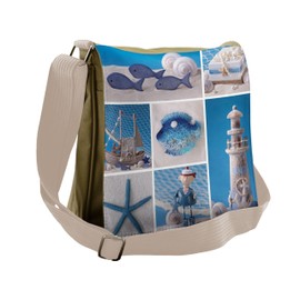 Lunarable Nautical Messenger Bag, Aquatic Life Sea Elements, Unisex Cross-body