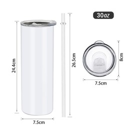ZREGGUR Sublimation Tumblers bulk 30 oz Skinny, 25Pack Stainless Steel Double Wall Insulated Straight Sublimation Tumbler Cups Blank White with Lid and straw, Individually Box, Heat Transfer