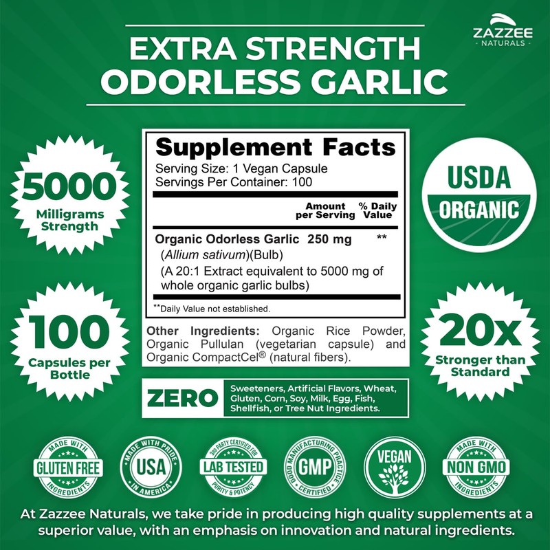 Zazzee USDA Organic Odorless Garlic 20:1 Extract, 5000 mg Strength,