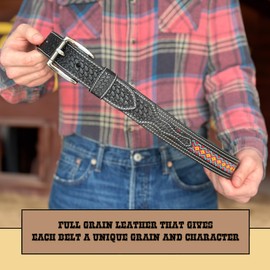 DANIEL'S ARTPLANET Western Belt for Men Handmade Full Grain Leather Beaded Tooled Cowboy Belt with Removable Buckle 1.5”