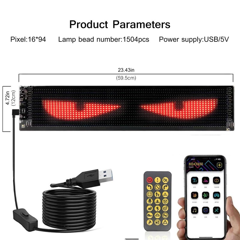 23.42x4.72in Programmable Devil Eyes LED Screen for Car Windshield -