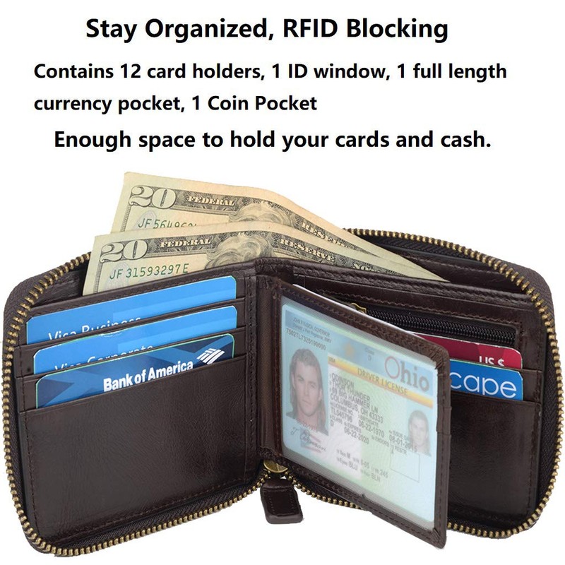 Genuine Leather Zipper Wallet With Coin Pocket, RFID Blocking Zip