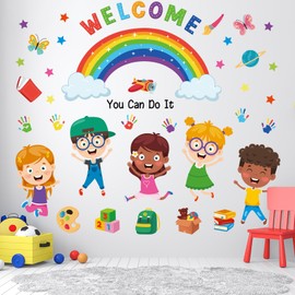 Welcome Rainbow Wall Stickers for Kids – “You Can Do It” Quote with Butterflies, Stars & Handprints – Removable Vinyl Decals for Nursery, Classroom & Playroom Daycare Decor
