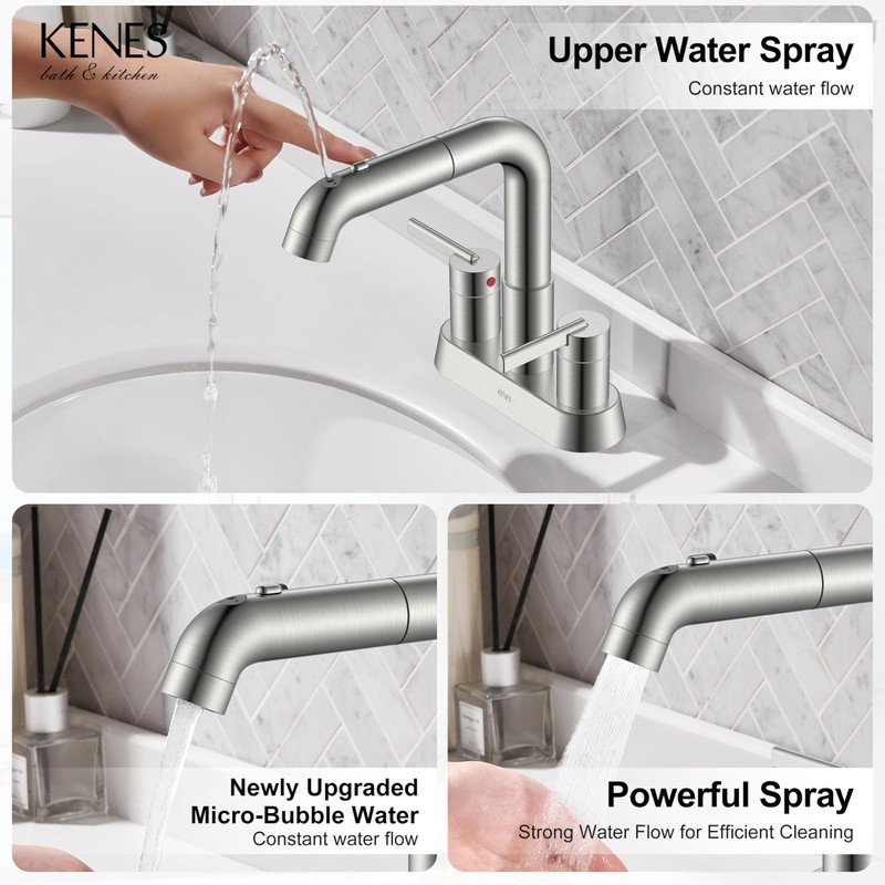 KENES Pull Down Bathroom Faucet with Sprayer, Brushed Nickel 4