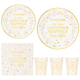Crisky Gold Bridal Shower Napkins Plates Cups Set for Bride Wedding Engagement Bachelorette Party Decorations Supplies, Disposable Tableware Set of 24 (9" & 7" Plates, Luncheon Napkin, 9oz Cups)