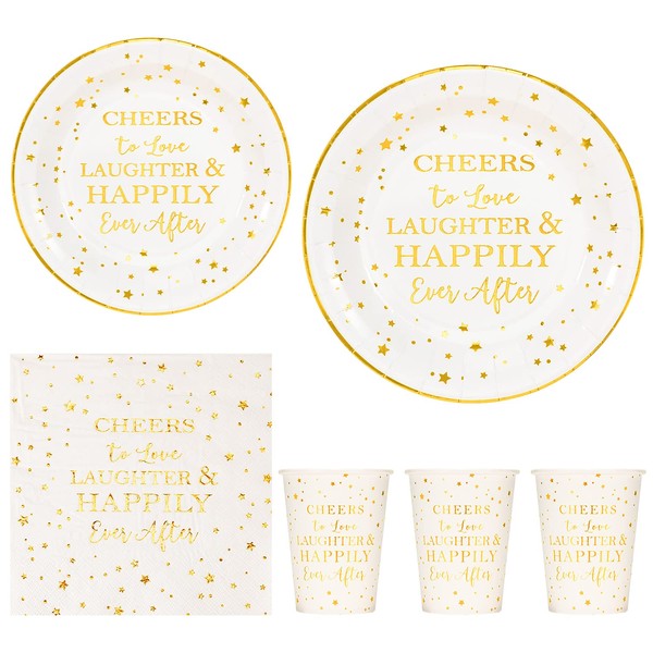 Crisky Gold Bridal Shower Napkins Plates Cups Set for Bride Wedding Engagement Bachelorette Party Decorations Supplies, Disposable Tableware Set of 24 (9" & 7" Plates, Luncheon Napkin, 9oz Cups)