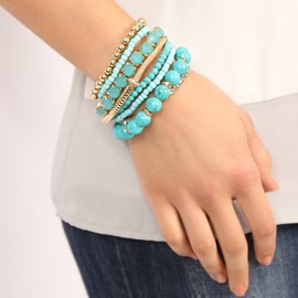 RIAH FASHION Multi Color Stretch Beaded Stackable Bracelets - Layering Bead Strand Statement Wrap Bangles (Original - Turquoise, 7.0 Inches)