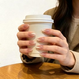 Uñas postizas almendradas medianas-largas, uñas almendradas cortas puntiagudas con recubrimiento UV, uñas ojo de gato brillantes de calidad profesiona